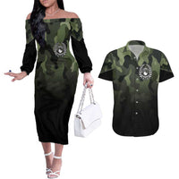 Camouflage Bowling Couples Matching Off The Shoulder Long Sleeve Dress and Hawaiian Shirt with Grunge American Flag and Pin Emblem in Military Green - Wonder Print Shop