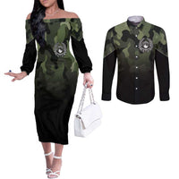 Camouflage Bowling Couples Matching Off The Shoulder Long Sleeve Dress and Long Sleeve Button Shirt with Grunge American Flag and Pin Emblem in Military Green - Wonder Print Shop