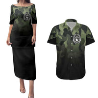 Camouflage Bowling Couples Matching Puletasi and Hawaiian Shirt with Grunge American Flag and Pin Emblem in Military Green - Wonder Print Shop