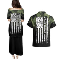 Camouflage Bowling Couples Matching Puletasi and Hawaiian Shirt with Grunge American Flag and Pin Emblem in Military Green - Wonder Print Shop