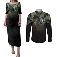Camouflage Bowling Couples Matching Puletasi and Long Sleeve Button Shirt with Grunge American Flag and Pin Emblem in Military Green - Wonder Print Shop