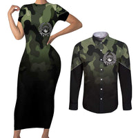 Camouflage Bowling Couples Matching Short Sleeve Bodycon Dress and Long Sleeve Button Shirt with Grunge American Flag and Pin Emblem in Military Green - Wonder Print Shop
