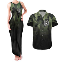 Camouflage Bowling Couples Matching Tank Maxi Dress and Hawaiian Shirt with Grunge American Flag and Pin Emblem in Military Green - Wonder Print Shop