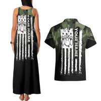 Camouflage Bowling Couples Matching Tank Maxi Dress and Hawaiian Shirt with Grunge American Flag and Pin Emblem in Military Green - Wonder Print Shop