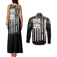 Camouflage Bowling Couples Matching Tank Maxi Dress and Long Sleeve Button Shirt with Grunge American Flag and Pin Emblem in Military Green - Wonder Print Shop