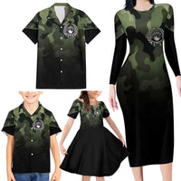 Camouflage Bowling Family Matching Long Sleeve Bodycon Dress and Hawaiian Shirt with Grunge American Flag and Pin Emblem in Military Green - Wonder Print Shop