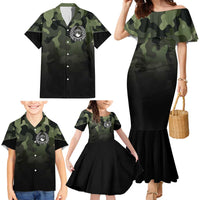 Camouflage Bowling Family Matching Mermaid Dress and Hawaiian Shirt with Grunge American Flag and Pin Emblem in Military Green - Wonder Print Shop