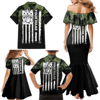 Camouflage Bowling Family Matching Mermaid Dress and Hawaiian Shirt with Grunge American Flag and Pin Emblem in Military Green - Wonder Print Shop