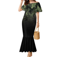 Camouflage Bowling Family Matching Mermaid Dress and Hawaiian Shirt with Grunge American Flag and Pin Emblem in Military Green - Wonder Print Shop