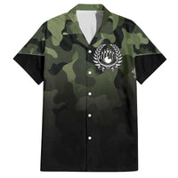 Camouflage Bowling Family Matching Off The Shoulder Long Sleeve Dress and Hawaiian Shirt with Grunge American Flag and Pin Emblem in Military Green - Wonder Print Shop