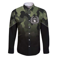 Camouflage Bowling Family Matching Off The Shoulder Long Sleeve Dress and Hawaiian Shirt with Grunge American Flag and Pin Emblem in Military Green - Wonder Print Shop