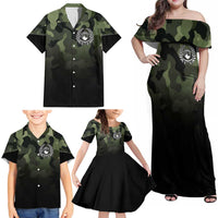 Camouflage Bowling Family Matching Off Shoulder Maxi Dress and Hawaiian Shirt with Grunge American Flag and Pin Emblem in Military Green - Wonder Print Shop