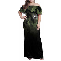 Camouflage Bowling Family Matching Off Shoulder Maxi Dress and Hawaiian Shirt with Grunge American Flag and Pin Emblem in Military Green - Wonder Print Shop