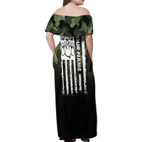Camouflage Bowling Family Matching Off Shoulder Maxi Dress and Hawaiian Shirt with Grunge American Flag and Pin Emblem in Military Green - Wonder Print Shop