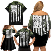 Camouflage Bowling Family Matching Off Shoulder Short Dress and Hawaiian Shirt with Grunge American Flag and Pin Emblem in Military Green - Wonder Print Shop