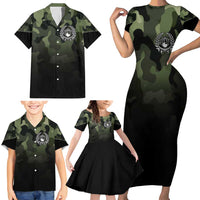 Camouflage Bowling Family Matching Short Sleeve Bodycon Dress and Hawaiian Shirt with Grunge American Flag and Pin Emblem in Military Green - Wonder Print Shop