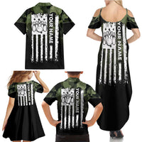 Camouflage Bowling Family Matching Summer Maxi Dress and Hawaiian Shirt with Grunge American Flag and Pin Emblem in Military Green - Wonder Print Shop