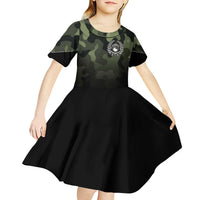 Camouflage Bowling Kid Short Sleeve Dress with Grunge American Flag and Pin Emblem in Military Green - Wonder Print Shop