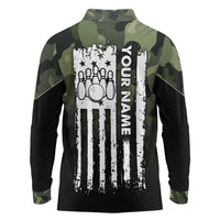 Camouflage Bowling Long Sleeve Polo Shirt with Grunge American Flag and Pin Emblem in Military Green - Wonder Print Shop