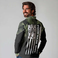 Camouflage Bowling Long Sleeve Polo Shirt with Grunge American Flag and Pin Emblem in Military Green - Wonder Print Shop