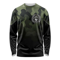 Camouflage Bowling Long Sleeve Shirt with Grunge American Flag and Pin Emblem in Military Green - Wonder Print Shop