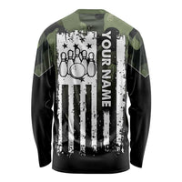 Camouflage Bowling Long Sleeve Shirt with Grunge American Flag and Pin Emblem in Military Green - Wonder Print Shop