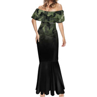 Camouflage Bowling Mermaid Dress with Grunge American Flag and Pin Emblem in Military Green - Wonder Print Shop