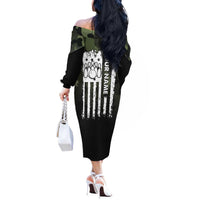 Camouflage Bowling Off The Shoulder Long Sleeve Dress with Grunge American Flag and Pin Emblem in Military Green - Wonder Print Shop