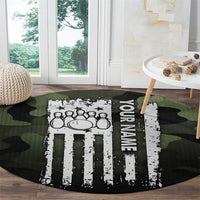 Camouflage Bowling Round Carpet with Grunge American Flag and Pin Emblem in Military Green - Wonder Print Shop