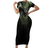 Camouflage Bowling Short Sleeve Bodycon Dress with Grunge American Flag and Pin Emblem in Military Green - Wonder Print Shop