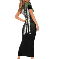 Camouflage Bowling Short Sleeve Bodycon Dress with Grunge American Flag and Pin Emblem in Military Green - Wonder Print Shop