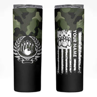 Camouflage Bowling Skinny Tumbler with Grunge American Flag and Pin Emblem in Military Green - Wonder Print Shop