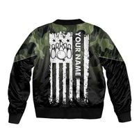 Camouflage Bowling Sleeve Zip Bomber Jacket with Grunge American Flag and Pin Emblem in Military Green - Wonder Print Shop