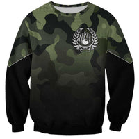Camouflage Bowling Sweatshirt with Grunge American Flag and Pin Emblem in Military Green - Wonder Print Shop