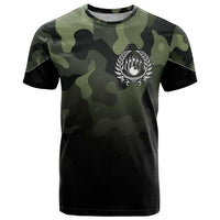 Camouflage Bowling T Shirt with Grunge American Flag and Pin Emblem in Military Green - Wonder Print Shop