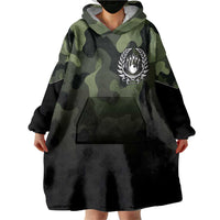 Camouflage Bowling Wearable Blanket Hoodie with Grunge American Flag and Pin Emblem in Military Green - Wonder Print Shop