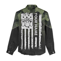 Camouflage Bowling Women Casual Shirt with Grunge American Flag and Pin Emblem in Military Green - Wonder Print Shop