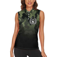 Camouflage Bowling Women Sleeveless Polo Shirt with Grunge American Flag and Pin Emblem in Military Green - Wonder Print Shop