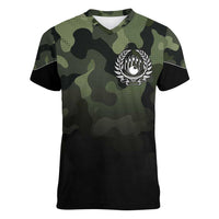 Camouflage Bowling Women V-Neck T-Shirt with Grunge American Flag and Pin Emblem in Military Green - Wonder Print Shop