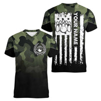 Camouflage Bowling Women V-Neck T-Shirt with Grunge American Flag and Pin Emblem in Military Green - Wonder Print Shop