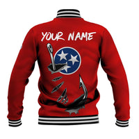 Tennessee Flag Fishing Baseball Jacket with Ripped Hook Graphic and Triple Star Symbol in Red and Blue - Wonder Print Shop