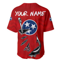 Tennessee Flag Fishing Baseball Jersey with Ripped Hook Graphic and Triple Star Symbol in Red and Blue - Wonder Print Shop