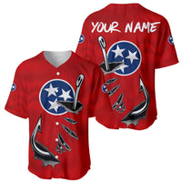 Tennessee Flag Fishing Baseball Jersey with Ripped Hook Graphic and Triple Star Symbol in Red and Blue - Wonder Print Shop