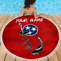 Tennessee Flag Fishing Beach Blanket with Ripped Hook Graphic and Triple Star Symbol in Red and Blue - Wonder Print Shop