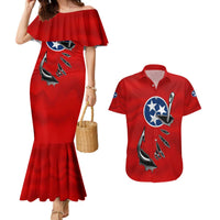 Tennessee Flag Fishing Couples Matching Mermaid Dress and Hawaiian Shirt with Ripped Hook Graphic and Triple Star Symbol in Red and Blue - Wonder Print Shop
