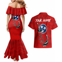 Tennessee Flag Fishing Couples Matching Mermaid Dress and Hawaiian Shirt with Ripped Hook Graphic and Triple Star Symbol in Red and Blue - Wonder Print Shop