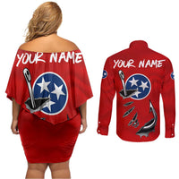 Tennessee Flag Fishing Couples Matching Off Shoulder Short Dress and Long Sleeve Button Shirt with Ripped Hook Graphic and Triple Star Symbol in Red and Blue - Wonder Print Shop