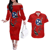 Tennessee Flag Fishing Couples Matching Off The Shoulder Long Sleeve Dress and Hawaiian Shirt with Ripped Hook Graphic and Triple Star Symbol in Red and Blue - Wonder Print Shop