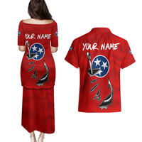 Tennessee Flag Fishing Couples Matching Puletasi and Hawaiian Shirt with Ripped Hook Graphic and Triple Star Symbol in Red and Blue - Wonder Print Shop