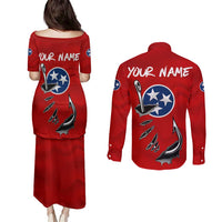 Tennessee Flag Fishing Couples Matching Puletasi and Long Sleeve Button Shirt with Ripped Hook Graphic and Triple Star Symbol in Red and Blue - Wonder Print Shop